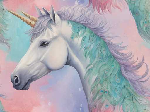 This image is a detailed painting of a unicorn's head and neck, set against a dreamy, pastel background. The unicorn, predominantly white, features a striking gold horn protruding from its forehead. Its mane is a blend of purple and white, with the purple tips adding a magical touch. The unicorn's eyes are black, and its ears are perked up attentively. The neck is adorned with vibrant green feathers, reminiscent of peacock feathers, which transition into a purple hue towards the bottom. The background is a soft, pastel mix of pink, blue, and purple, creating a whimsical and ethereal atmosphere. The unicorn's head is positioned towards the left side of the image, while its neck extends to the right, giving the impression of a graceful, majestic creature emerging from a fantastical setting.