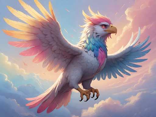 The image depicts a bird with wings spread wide and a vibrant mix of pink, blue, green, and white colors on its body. The bird is flying through the sky against a backdrop of clouds in various shades of pink and purple.