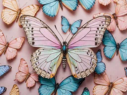 This image features a vibrant collection of butterflies, meticulously arranged on a pink background. The butterflies are displayed in a grid-like pattern, with their wings fully extended to showcase their intricate designs. The central focus is a large butterfly with striking pink and green wings, adorned with black spots and a black and white striped tail. Surrounding this central butterfly are various species, including blue butterflies with black spots, pink butterflies with black-tipped wings, and butterflies with a mix of pink, orange, and black coloration. The arrangement is visually appealing, highlighting the diversity and beauty of these colorful insects.