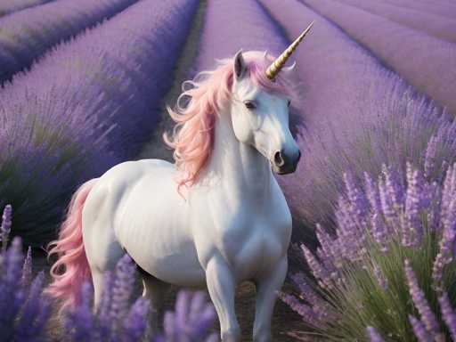 The image depicts a highly detailed, computer-generated scene of a majestic unicorn standing in the middle of a vast lavender field. The unicorn, predominantly white with a pink mane and tail, has a golden horn protruding from its forehead. Its eyes are a striking blue, and it has a black nose. The unicorn's body is oriented towards the right side of the image, while its head is turned slightly towards the viewer, giving it a somewhat sad expression. The lavender field stretches out in all directions, with rows upon rows of purple flowers interspersed with green stems and leaves. The field is so expansive that it appears to extend endlessly, creating a serene and enchanting atmosphere. The unicorn's horn is notably long, adding to its ethereal appearance.
