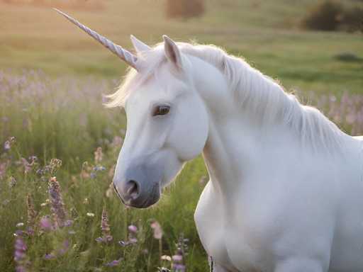 A white unicorn with a long mane and tail stands majestically in the center of a field filled with purple flowers. The unicorn's horn is pointed upwards, and its eyes are looking directly at the camera.