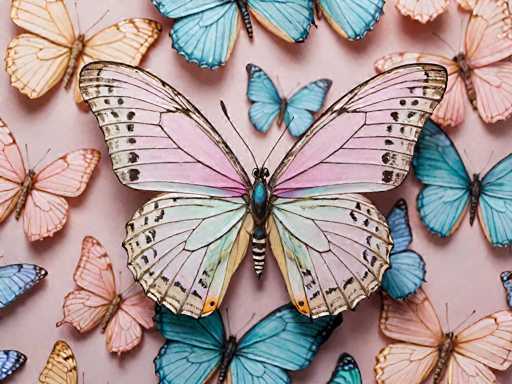 The image shows a close-up view of a pink and white butterfly with blue spots on its wings. The butterfly is the main subject, positioned centrally against a light pink background. Surrounding the butterfly are several other butterflies in various colors including blue, green, and yellow.
