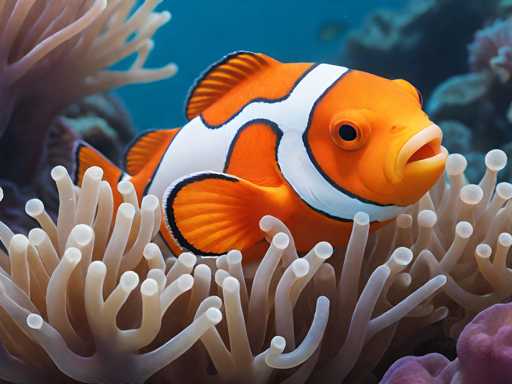 This vibrant underwater photograph captures a striking clownfish, reminiscent of the beloved character from "Finding Nemo." The clownfish, with its bright orange body adorned by three distinct white stripes bordered in black, is the focal point of the image. Its large, expressive black eyes and slightly open mouth give it a curious and lively appearance. The fish is positioned centrally, swimming towards the right side of the frame.

Surrounding the clownfish is a colorful array of sea anemones. Directly beneath it, a sea anemone with numerous white, finger-like tentacles tipped in white stands out. To the left, another sea anemone with pinkish-white tentacles adds to the scene's diversity. The background is a rich tapestry of blue water, dotted with various other sea anemones and coral formations in shades of purple, pink, and blue, creating a vivid and dynamic underwater landscape.