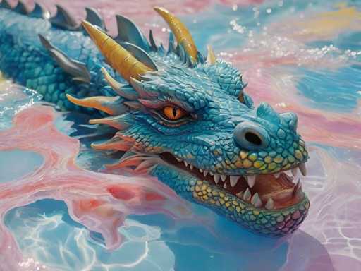 This image features a highly detailed 3D rendering of a dragon's head and part of its body emerging from a vibrant, swirling body of water. The dragon, predominantly blue with yellow and orange accents, has a fierce expression with its mouth open, revealing sharp teeth. Its eyes are a striking orange with black pupils, and it has prominent yellow horns on its head. The water surrounding the dragon is a mesmerizing mix of blue, pink, and yellow hues, with white reflections adding to the dynamic and magical atmosphere. The dragon's body extends into the background, showcasing its blue scales and gray fins, with additional yellow and orange spikes along its neck. The overall scene is rich in color and detail, creating a captivating and fantastical visual experience.