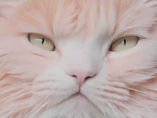 This image features an extreme close-up of a cat's face, capturing intricate details of its fur and features. The cat's fur is predominantly white, with subtle hints of light orange or peach, giving it a soft, almost ethereal appearance. The cat's eyes are a striking yellowish-green, with vertical pupils that add a sense of intensity to its gaze. The cat's expression is serious, almost stern, as it stares directly at the camera. Its nose is small and pink, and the delicate whiskers are clearly visible, adding to the overall texture of the image. The cat's fur appears exceptionally soft and fluffy, with a slight sheen that enhances its natural beauty. The image is so detailed that it's difficult to determine whether it's a photograph or a highly realistic painting. The cat's face dominates the frame, with no other elements visible, focusing all attention on the feline's captivating features.