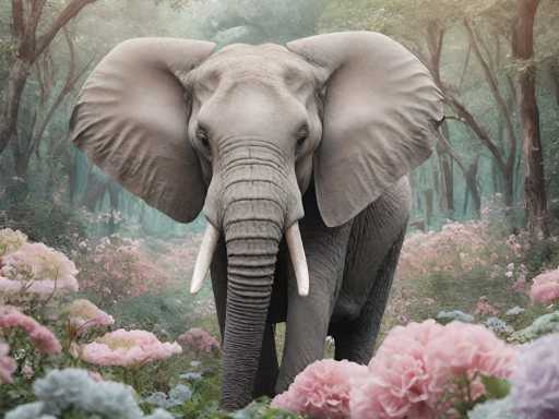 This image depicts a highly detailed, computer-generated elephant standing in the center of a lush, fantastical forest. The elephant, with its grayish-brown skin and large, flapping ears, faces directly towards the viewer, showcasing its prominent white tusks and expressive eyes. The forest around it is filled with tall trees, their green leaves forming a canopy above. The ground is carpeted with a vibrant array of flowers, predominantly pink and purple, with some green grass peeking through. The overall scene is bathed in a soft, hazy light, giving it a dreamlike quality. The elephant appears to be walking towards the viewer, creating a captivating and immersive visual experience.