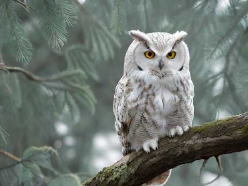 A majestic snowy owl perches on a moss-covered branch, its piercing yellow eyes and black pupils fixed intently on the camera. The owl's plumage is predominantly white, adorned with brown speckles and streaks that add depth to its feathers. Its sharp, black beak stands out against the snowy backdrop of its face. The owl's feet are a mix of white and brown, gripping the branch firmly. Surrounding the owl, the background is a blur of green pine needles, creating a serene and natural setting. The owl's ears are perked up, with the left ear slightly more visible, adding to its alert and focused demeanor. The overall scene captures the owl's regal presence and the tranquil beauty of its woodland habitat.