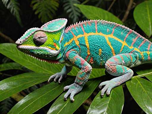 A vibrant chameleon is perched on a lush green leaf, its body adorned with a stunning array of colors. The chameleon's skin is a mesmerizing blend of teal, pink, and yellow, with intricate patterns and stripes that create a rainbow effect. Its large, bulging eye is a striking pink, adding to its exotic appearance. The chameleon's head features a distinctive crest, and its body is covered in small, spiky protrusions that give it a textured look. The chameleon's legs are bent, with its claws gripping the leaf firmly. The background is filled with more green foliage, creating a natural, jungle-like setting that complements the chameleon's vivid coloration. This image captures the chameleon in a moment of stillness, showcasing its unique beauty and the intricate details of its scales and skin.