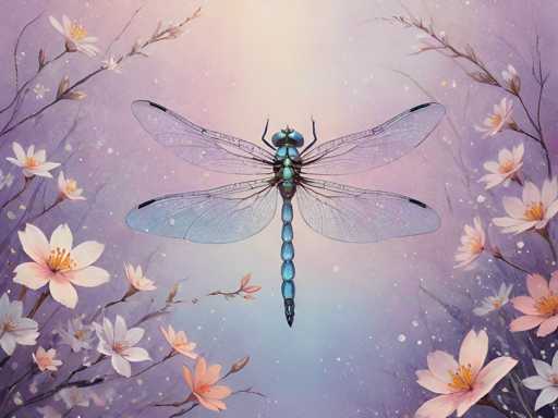 This image is a detailed, artistic rendering of a dragonfly, set against a vibrant, pastel background. The dragonfly, positioned centrally, features a long, segmented body that transitions from a dark blue at the head to a lighter blue towards the tail, with a black tip. Its four translucent wings are spread out, with the upper wings appearing more purple and the lower wings more blue. The dragonfly's head is adorned with two large, round blue eyes and antennae, and it has six legs—three on each side.

The background is a gradient of colors, starting with a light purple at the edges, blending into pink, then yellow, and finally transitioning to a light blue at the bottom. Surrounding the dragonfly are numerous flowers, predominantly white with yellow centers, and some pink flowers with yellow centers. These flowers are interspersed with green stems and branches, adding to the lush, natural setting. The overall composition is framed by a border of flowers, creating a harmonious and visually appealing scene.