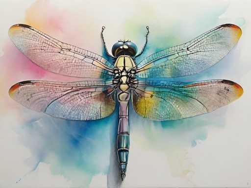 This image features a detailed watercolor painting of a dragonfly, set against a white background. The dragonfly is depicted with a long, slender body that transitions from a yellowish hue near the head to a purplish color towards the tail, ending in a black tip. The dragonfly's head is adorned with large, prominent black eyes, and it has two black legs extending from the front. Its four translucent wings are intricately detailed with visible veins and display a spectrum of colors, including shades of pink, blue, yellow, and orange. The background of the painting is a harmonious blend of these same colors, creating a soft, watercolor effect that complements the dragonfly's vibrant palette. The overall composition is both delicate and vivid, capturing the essence of the dragonfly in a serene and artistic manner.