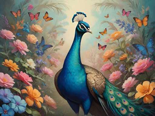 This vibrant and detailed painting features a majestic peacock as its central figure, standing proudly in the middle of the composition. The peacock's striking blue body is complemented by a fan of green feathers adorned with blue circles at the tips, and its wings display a mix of brown and blue hues. The bird's head is crowned with a distinctive blue and white fan-like structure, and it has a sharp, white beak. Surrounding the peacock is a lush array of colorful flowers, including pink, orange, blue, and purple blooms, interspersed with green leaves. Adding to the scene's lively atmosphere, numerous butterflies in shades of orange, blue, and pink flutter around the peacock, with some appearing to be in mid-flight. The background is a soft, light blue, enhancing the overall brightness and cheerful mood of the painting.