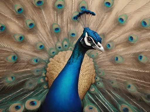 The image shows a close-up view of a peacock with its head tilted slightly to the left and its feathers spread out in an impressive display of blue and green hues. The peacock's vibrant colors contrast beautifully against the light beige background, making it the focal point of the image.