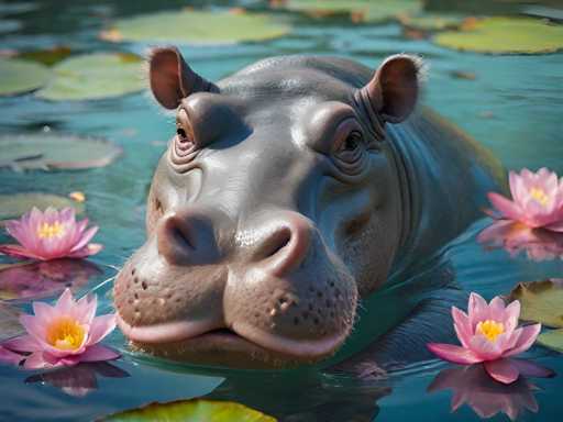 This image features a close-up of a hippopotamus's face, which is the central focus. The hippo's skin is a dark gray color, with a lighter gray around its mouth. Its eyes are brown, and it has small ears with white fur on the inside. The hippo's nostrils are large and pink, and its mouth is closed. Surrounding the hippo are several pink flowers with yellow centers, floating on the water. The water itself is a mix of blue and green hues, with large green lily pads scattered throughout. The background is blurred, emphasizing the hippo and the flowers in the foreground. The overall scene is serene and picturesque, capturing the hippo in its natural habitat.