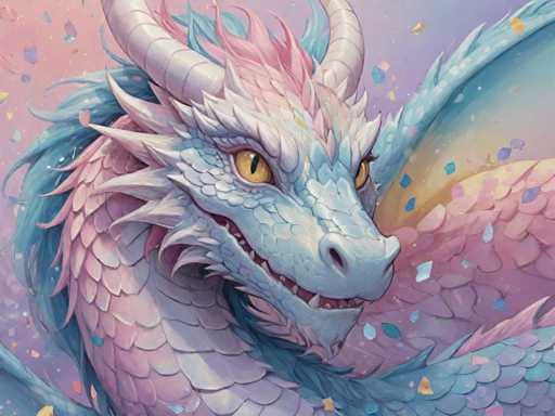 The image features a vibrant illustration of a dragon with pink and blue scales. The dragon is depicted in profile, facing the viewer directly with its mouth open as if ready to speak or roar. The background is a gradient of colors that transitions from light pink at the top to dark purple at the bottom, creating a sense of depth and dimension. The image does not contain any text or other discernible objects, making it an abstract representation of a dragon.