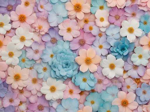 This image features a vibrant, detailed painting of numerous flowers arranged in a seemingly random yet harmonious pattern. The flowers, which appear to be of various types, are depicted in a wide array of colors including white, light blue, dark blue, light purple, dark purple, pink, peach, and orange. Each flower has a yellow center, adding a consistent focal point across the composition. The petals vary in shape, with some being round and others more oval, contributing to the overall diversity and richness of the scene. The flowers are densely packed together, creating a lush, almost overwhelming display of color and form. There is no text or additional elements in the image, allowing the viewer to fully appreciate the intricate details and vivid hues of the floral arrangement.