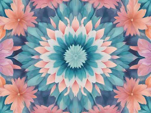 The image shows a vibrant floral pattern composed of various shades of pink and blue flowers arranged in a circular formation with the center being the largest flower surrounded by smaller ones. The background is a light beige color that contrasts with the colorful flowers, creating a visually appealing composition.