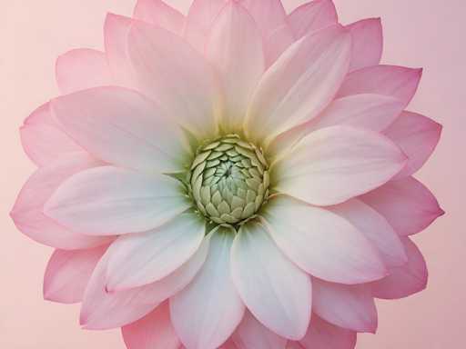 This image features a stunning digital illustration of a flower, likely a dahlia, set against a soft pink background. The flower is depicted in full bloom, with an intricate arrangement of petals radiating outward from a central point. The petals are layered, creating a sense of depth and complexity. The outer petals are a vibrant pink, gradually transitioning to lighter shades of pink and white towards the center. At the heart of the flower is a green, bulbous structure that resembles a pine cone, adding texture and contrast to the overall composition. The illustration is highly detailed, showcasing the delicate beauty and intricate structure of the flower.