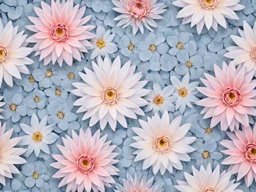 The image shows a close-up view of a collection of pink and white flowers arranged against a light blue background. The flowers vary in size and shape, creating an interesting visual effect. Some flowers appear to be floating or hovering above the surface, adding a sense of depth and dimension to the scene. The arrangement is symmetrical, with the flowers evenly distributed across the frame.
