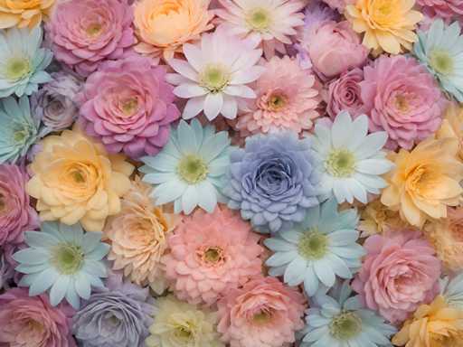 The image shows a close-up view of a vibrant collection of flowers and plants arranged on a bed of brown paper or fabric. The flowers include daisies with white centers and petals in shades of pink, blue, yellow, and orange, as well as other types of flowers such as roses and carnations. The arrangement is composed of various sizes and shapes, creating an interesting visual effect that draws the viewer's attention to the details of each individual flower.