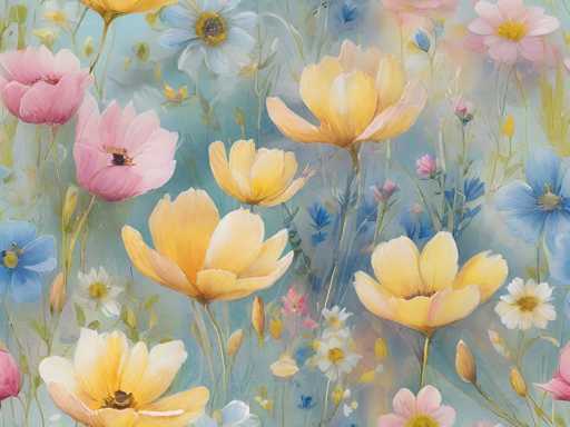 This image is a detailed painting of a vibrant floral scene, featuring a variety of flowers in different colors and shapes. The background is a light blue, almost sky-like, with hints of white and pink, creating a soft and ethereal atmosphere. The flowers are depicted in a range of hues including pink, yellow, blue, white, and purple, with some flowers displaying multiple colors. 

In the foreground, there are prominent yellow flowers with large petals, and pink flowers with darker centers. The blue flowers have yellow centers, adding to the diversity of the color palette. Some flowers are fully bloomed, while others are still in bud form, adding depth and variety to the composition. The painting captures the essence of a lush garden with flowers of various sizes and shapes, all appearing to grow naturally and harmoniously together. The overall effect is a beautiful and serene depiction of nature's diversity.