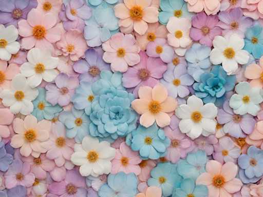 The image shows a close-up view of a vibrant and colorful flower arrangement composed of various types of flowers in shades of pink, blue, white, yellow, and orange. The flowers are arranged in a way that creates an impression of depth and dimension, with some overlapping each other to give the impression of a larger bouquet.