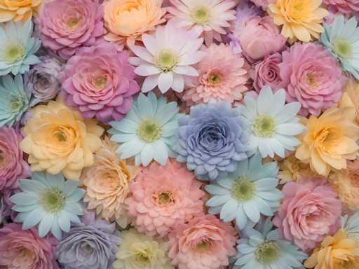 This image features a vibrant and colorful array of flowers, meticulously arranged to create a visually appealing composition. The flowers are densely packed together, forming a flat surface that showcases a diverse palette of colors. Among the blooms, there are yellow flowers, pink flowers, light blue flowers, and purple flowers, each contributing to the overall beauty of the arrangement. The flowers appear to be of similar sizes, adding to the harmonious and balanced look of the image. The photograph captures the flowers from a top-down perspective, emphasizing their varied hues and intricate details. The scene is devoid of any text, allowing the natural beauty of the flowers to take center stage.