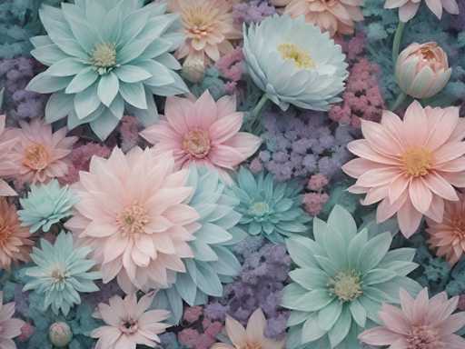 The image shows an array of flowers and plants arranged in a visually appealing manner against a light brown background. The flowers include pink, blue, green, and white blooms with varying sizes and shapes. Some flowers are fully open, while others have partially closed petals or leaves. The arrangement appears to be a collage or mosaic style, creating an overall sense of depth and complexity in the image.