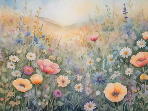 The image depicts a vibrant field filled with an array of colorful flowers and plants. The flowers include yellow daisies, orange poppies, blue irises, purple pansies, and white lilies. The background features a picturesque landscape with rolling hills under a clear sky.