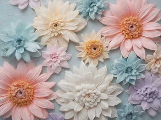 This image showcases a collection of intricately designed flowers, which appear to be either paper or fabric. The flowers are arranged on a light blue background, creating a visually appealing contrast. The color palette of the flowers includes shades of pink, white, light blue, and purple. Each flower is unique in its design, with varying petal shapes and sizes, adding to the overall diversity and charm of the arrangement. The composition is simple yet elegant, allowing the natural beauty of the flowers to stand out against the soft blue backdrop.