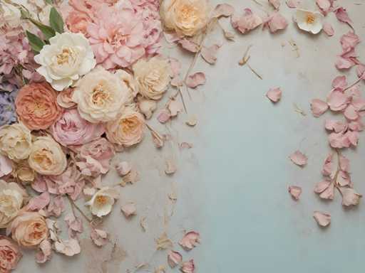The image depicts a meticulously arranged floral composition set against a light blue background. On the left side, a variety of flowers, including roses, carnations, and possibly peonies, are artfully clustered together. These blooms exhibit a diverse palette of colors, ranging from white, peach, and light pink to darker pink, with some flowers being fully open while others are still in bud form. Scattered among the larger flowers are smaller, delicate petals, adding texture and depth to the arrangement. The right side of the image features a more sparse distribution of petals, creating a balanced contrast to the densely packed left side. The overall composition is both elegant and natural, with the flowers appearing as though they are gently cascading from the top left corner towards the bottom right, creating a dynamic visual flow.