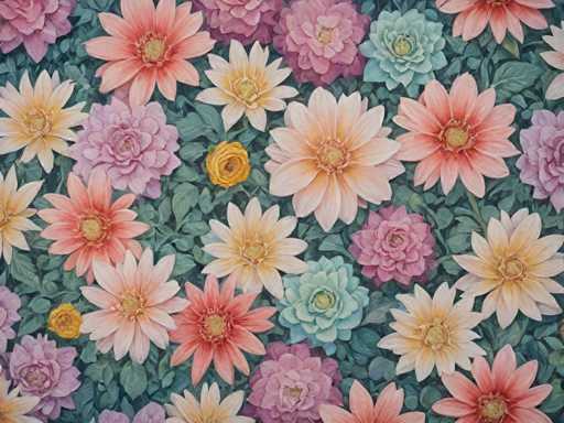 The image shows a vibrant floral pattern composed of various types of flowers and leaves. The colors used include pink, yellow, green, blue, and purple. The flowers are arranged in a way that creates depth and dimension to the scene.