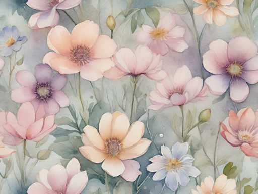 The image shows a watercolor painting featuring a variety of flowers and plants against a light blue background with white accents. The flowers include pink, purple, and white blooms, as well as green leaves and stems. The artist's signature is visible in the bottom right corner.