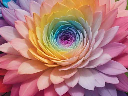 This image showcases a stunning close-up of a flower, likely a chrysanthemum, with an intricate and vibrant display of colors. The flower's petals are arranged in a mesmerizing spiral pattern, starting from a deep purple at the center and gradually transitioning through shades of blue, green, yellow, orange, and pink. The outermost petals are a soft pink, creating a beautiful gradient effect. The petals are numerous and layered, giving the flower a lush and full appearance. The background is a solid green, which contrasts nicely with the vivid colors of the flower, making it stand out even more. The image is a detailed and captivating portrayal of nature's artistry, with no text or additional elements to distract from the flower's natural beauty.