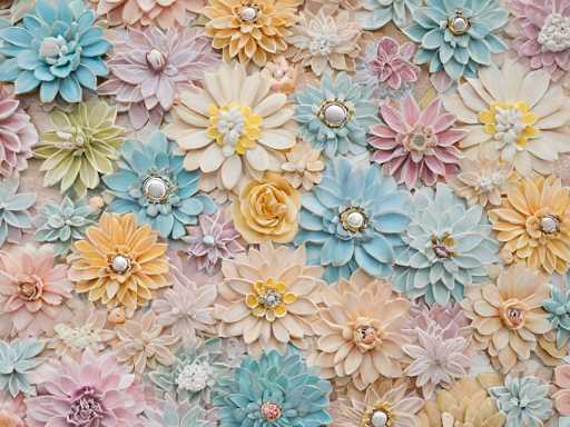 The image showcases a vibrant and intricate collage of various flowers, meticulously arranged to create a visually stunning composition. The flowers are diverse in shape and size, featuring a rich palette of colors including light blue, dark blue, yellow, orange, pink, purple, and green. Each flower is unique, with some displaying multiple layers of petals and others adorned with intricate details such as pearl-like centers or gold accents. The flowers overlap each other, forming a seamless and harmonious pattern that fills the entire frame. The overall effect is a captivating and colorful display of floral beauty, with no text or additional elements present in the image.