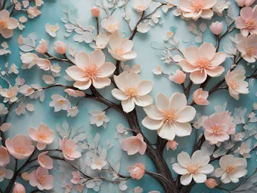 The image shows an abstract floral design featuring white and pink flowers arranged on a blue background with branches extending from the center of the frame. The flowers appear to be made of paper or fabric, adding a unique texture to the overall composition.