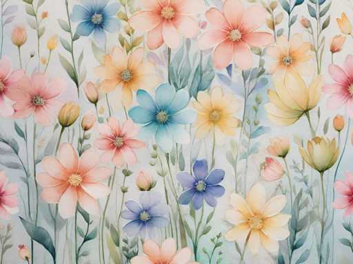This image is a detailed watercolor painting of a vibrant field of flowers. The flowers, which resemble poppies, are depicted in a variety of colors including pink, peach, yellow, orange, and blue. Each flower has a distinct center, with some featuring yellow centers and others white. The flowers are arranged in a seemingly random pattern, creating a natural and lively composition. The stems and leaves of the flowers are painted in shades of green, adding depth and contrast to the overall scene. The background is a light gray, which helps the colorful flowers stand out prominently. The painting is square in shape, measuring approximately six inches by six inches, and it captures the essence of a bright, sunny day with its vivid and cheerful depiction of nature.