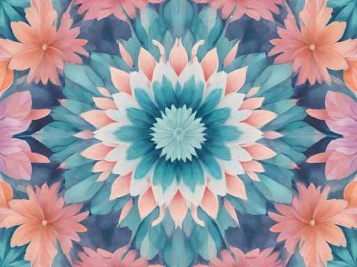 This image showcases a stunning, symmetrical floral design that appears to be either a watercolor painting or a digital creation. At the center of the composition is a large, multi-layered flower with a light blue core. Surrounding this core are concentric rings of petals in varying shades of blue, from light to dark, creating a gradient effect. The innermost ring of petals is white, followed by progressively darker blue rings. Encircling these rings are additional layers of petals in peach, pink, and orange hues, which extend outward to the edges of the image. The outermost petals are a blend of pink and orange, adding a vibrant contrast to the cooler tones of the center. The entire design is set against a dark blue background, enhancing the vividness of the colors and the overall symmetry of the piece. The image is devoid of any text, focusing solely on the intricate and harmonious floral pattern.