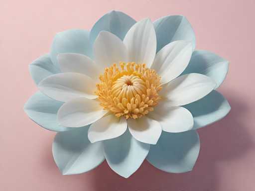 This image features a stunning, large flower with an intricate design. The flower's petals are arranged in a circular pattern, creating a mesmerizing visual effect. At the center of the flower, there's a vibrant yellow core that stands out against the surrounding petals. The petals themselves are a beautiful blend of white and light blue, with subtle hints of yellow adding depth to their coloration. The flower is set against a soft pink background, which complements its delicate hues perfectly. The overall composition is simple yet captivating, with the flower as the sole focus of the image. The lighting in the image is bright and even, highlighting the flower's intricate details and creating a serene, almost ethereal atmosphere. This image beautifully captures the essence of natural beauty and tranquility.