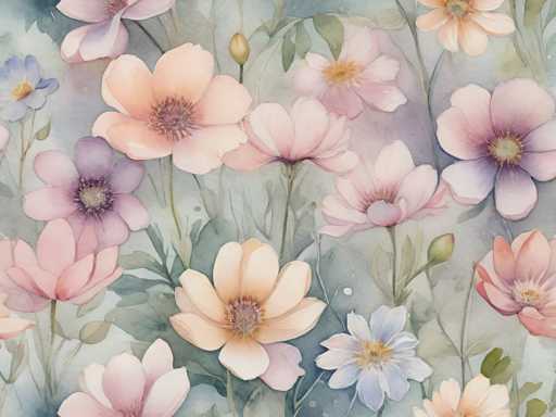 This image is a detailed watercolor painting of a vibrant floral scene. The background is a soft blend of light blue, gray, and green hues, creating a serene and ethereal atmosphere. The composition is filled with an array of flowers, predominantly pink, peach, and light blue, with some purple accents. The flowers vary in size and shape, with some being large and fully bloomed, while others are smaller buds or partially opened. The petals of these flowers are delicate and varied, with some being long and thin, and others short and wide. Green stems and leaves intersperse among the flowers, adding depth and texture to the painting. The overall effect is a harmonious and colorful display of nature, with the flowers appearing to float gracefully against the muted background.