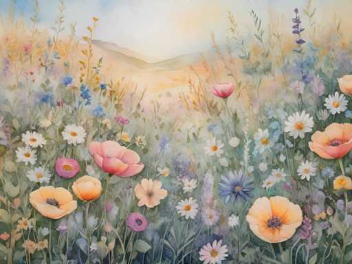 This detailed watercolor painting depicts a vibrant field of wildflowers set against a serene landscape. The foreground is dominated by a diverse array of flowers, including pink tulips, orange poppies, white daisies, and blue cornflowers, interspersed with tall grasses and weeds. The flowers are rendered in various shades of pink, orange, blue, white, and purple, creating a rich tapestry of colors. The background features rolling hills in hues of brown and green, leading up to a sky that transitions from a light blue to a soft yellow, suggesting a sunrise or sunset. The overall composition is bright and colorful, with the flowers appearing to glow in the sunlight, enhancing the painting's lively and cheerful atmosphere.