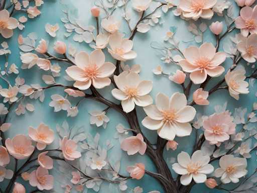 This image features a detailed and intricate painting of a cherry blossom tree set against a light blue background. The tree's branches, which are brown and black, extend from the bottom right corner and spread out across the canvas, creating a dynamic and flowing composition. The blossoms on the tree are predominantly white with light pink centers, and some are in full bloom while others are still in bud form. The painting captures the essence of spring with its delicate and vibrant depiction of cherry blossoms in various stages of bloom, all meticulously detailed to create a lifelike and serene scene.