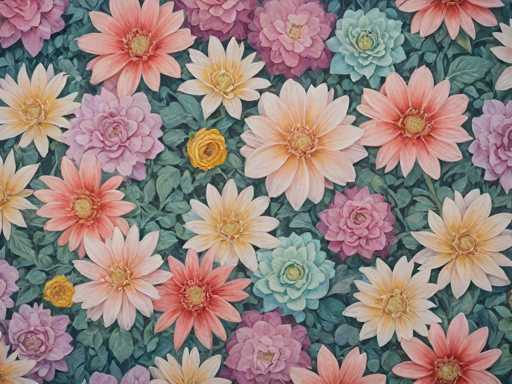 The image showcases a vibrant, detailed floral pattern of dahlias and other blossoms. The main subjects are numerous flowers in various shades of pink, peach, cream, and blue-green, arranged densely on a dark teal background. The flowers are depicted with intricate details in their petals and centers, exhibiting a painterly style reminiscent of a vintage textile design. The composition is symmetrical, with flowers distributed across the frame in an organized yet visually balanced manner.