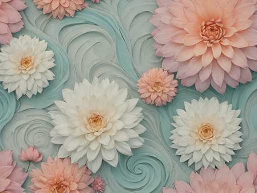 The image features a visually striking, textured wallpaper design of dahlia flowers in soft pastel shades. The main subjects are several large dahlia blooms, varying in size and color (white, peach, light pink), arranged on a swirling teal background. The flowers are intricately detailed with layered petals, creating a 3D effect. The spatial relationship shows the flowers overlapping and clustered, with some blooms partially obscured by others, suggesting a sense of depth. The art style is illustrative and decorative, with a focus on texture and gentle color harmony, reminiscent of a digital wallpaper design.