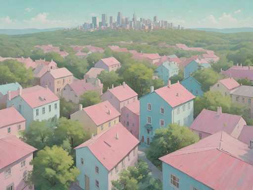 This image is a detailed painting of a picturesque neighborhood. The foreground features a collection of houses with predominantly pink roofs, interspersed with a few blue ones. The houses are surrounded by lush green trees, creating a serene and vibrant atmosphere. In the background, a dense forest stretches out, leading to a distant cityscape with towering skyscrapers. The sky above is a clear blue, dotted with fluffy white clouds, adding to the overall tranquil and idyllic scene.