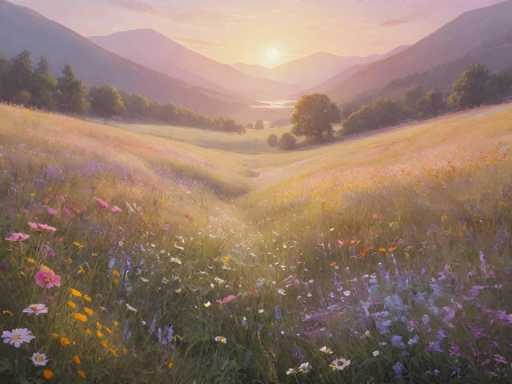 This image is a detailed painting of a serene meadow at sunset. The foreground is filled with a vibrant array of wildflowers, including pink, purple, yellow, orange, and white blooms, all nestled among lush green grass. The flowers are depicted with a mix of petals and daisies, creating a colorful tapestry that stretches across the bottom of the painting. The meadow gently slopes into a valley, leading the eye towards a distant river that winds through the landscape. 

On either side of the valley, the terrain rises into hills adorned with trees, which gradually give way to majestic mountains in the background. The sky above is a blend of pink and blue hues, with wispy clouds scattered across it, and the sun is setting just above the horizon, casting a warm, golden glow over the entire scene. The overall atmosphere is one of tranquility and natural beauty, capturing the essence of a peaceful countryside at the close of day.
