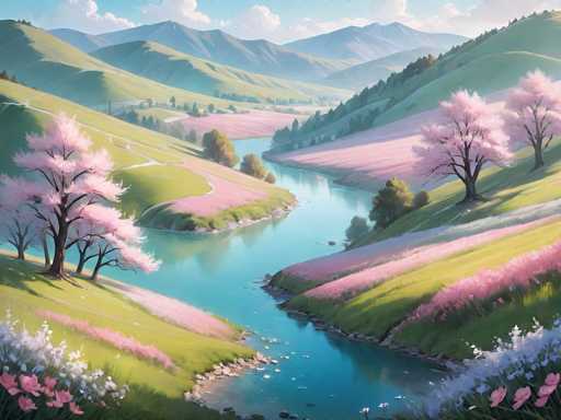 This image is a detailed, computer-generated painting of a serene, picturesque landscape. The scene features a meandering river that begins at the bottom center of the image, flowing upwards and curving to the left before disappearing behind a hill. The river is flanked by lush, green hills adorned with vibrant pink and white flowers, as well as clusters of trees with pink blossoms. The foreground is rich with these colorful blooms, while the background reveals rolling hills and distant mountains, some of which are shrouded in a light haze. The sky above is a clear blue, dotted with fluffy white clouds, adding to the tranquil atmosphere. The overall composition is reminiscent of a classic landscape painting, with a harmonious blend of natural elements and a soft, almost dreamlike quality.