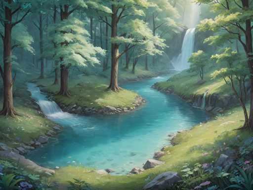 A serene, sun-drenched forest scene unfolds with a vibrant turquoise river winding through lush greenery. Tall, moss-covered trees frame the flowing water, with cascading waterfalls creating a sense of tranquility and depth. The art style is painterly, emphasizing soft light and gentle color gradients to evoke a peaceful, natural atmosphere.