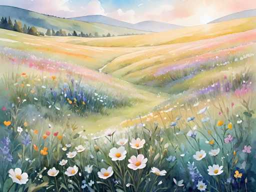 This vibrant watercolor painting depicts a lush, rolling field of flowers in a spectrum of colors, including white, orange, yellow, pink, purple, and blue. The foreground is dominated by these vivid blooms, which are interspersed with patches of green grass. As the eye moves further into the scene, the flowers transition into a more muted palette of yellows and greens, suggesting a distant meadow. The background features a series of hills and mountains, with the nearest ones painted in light green and yellow hues, gradually darkening to gray as they recede into the distance. A line of trees marks the horizon, adding depth to the landscape. Above, the sky is a serene blue, dotted with fluffy white clouds, and the sun peeks through, casting a gentle light over the entire scene. The overall effect is one of tranquility and natural beauty, capturing the essence of a picturesque countryside.