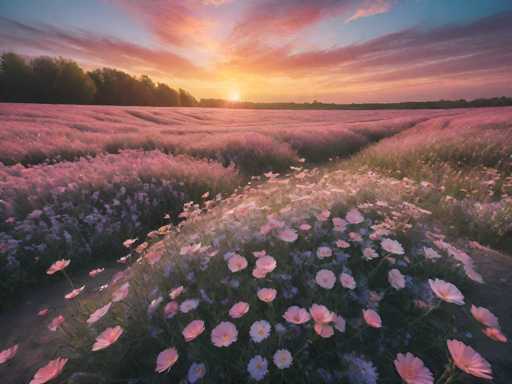 This image captures a stunning field of pink flowers, likely cherry blossoms, stretching across the landscape. The flowers are in full bloom, their delicate petals creating a sea of pink that extends as far as the eye can see. The field is interspersed with patches of green grass, adding depth and contrast to the scene. In the background, a line of trees forms a natural border, their silhouettes dark against the sky. The sky itself is a mesmerizing blend of blue, pink, and yellow hues, suggesting either a sunrise or sunset. The sun, positioned just above the horizon, casts a warm, golden light across the entire scene, enhancing the ethereal quality of the image. The overall effect is a breathtaking display of nature's beauty, with the vibrant pink flowers dominating the composition and creating a truly magical atmosphere.