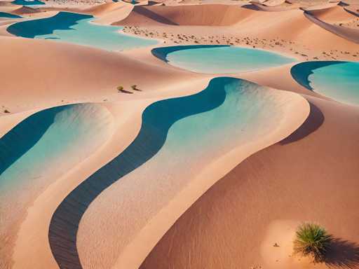 This image captures a stunning desert landscape featuring a series of interconnected sand dunes and small pools of water. The dunes, which are a light brown color, form intricate patterns across the terrain, with some appearing to be in motion as if they're shifting. The pools of water, which are a striking turquoise blue, are scattered throughout the scene, creating a stark contrast against the sandy backdrop. The water bodies vary in size, with some being larger and more prominent, while others are smaller and more subtle. The overall effect is a mesmerizing blend of natural elements, showcasing the unique beauty of this desert environment.